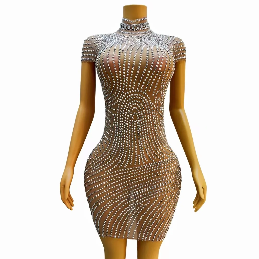 

Sparkly Silver Crystals Nude Mesh Transparent Dress Women Dance Stage Evening Party Sexy Costume Celebrate Collection jihe