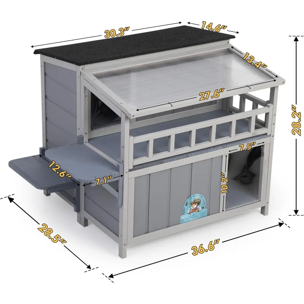 Outdoor Insulated Cat House, 2-Tier Warm Wood Cat Shelter with Sunlight Roof, Balcony, Jumping Platforms,Weatherproof, Openable