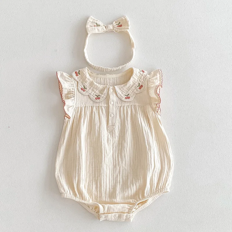 

2024 New Summer Korean Style Infant Baby Girls Jumpsuit Flying Sleeve Cotton Embroidery Newborn Baby Romper 0-24M Baby Clothes