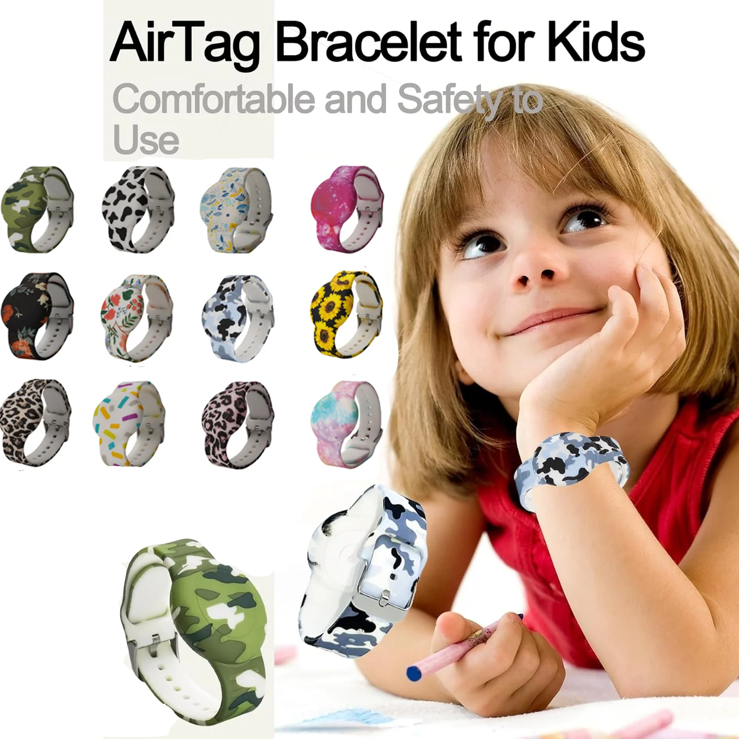 Waterproof AirTag Bracelet for Kids, Hidden Printed Wristband for Air Tag, Silicone Holder Case for Band for Child Toddler