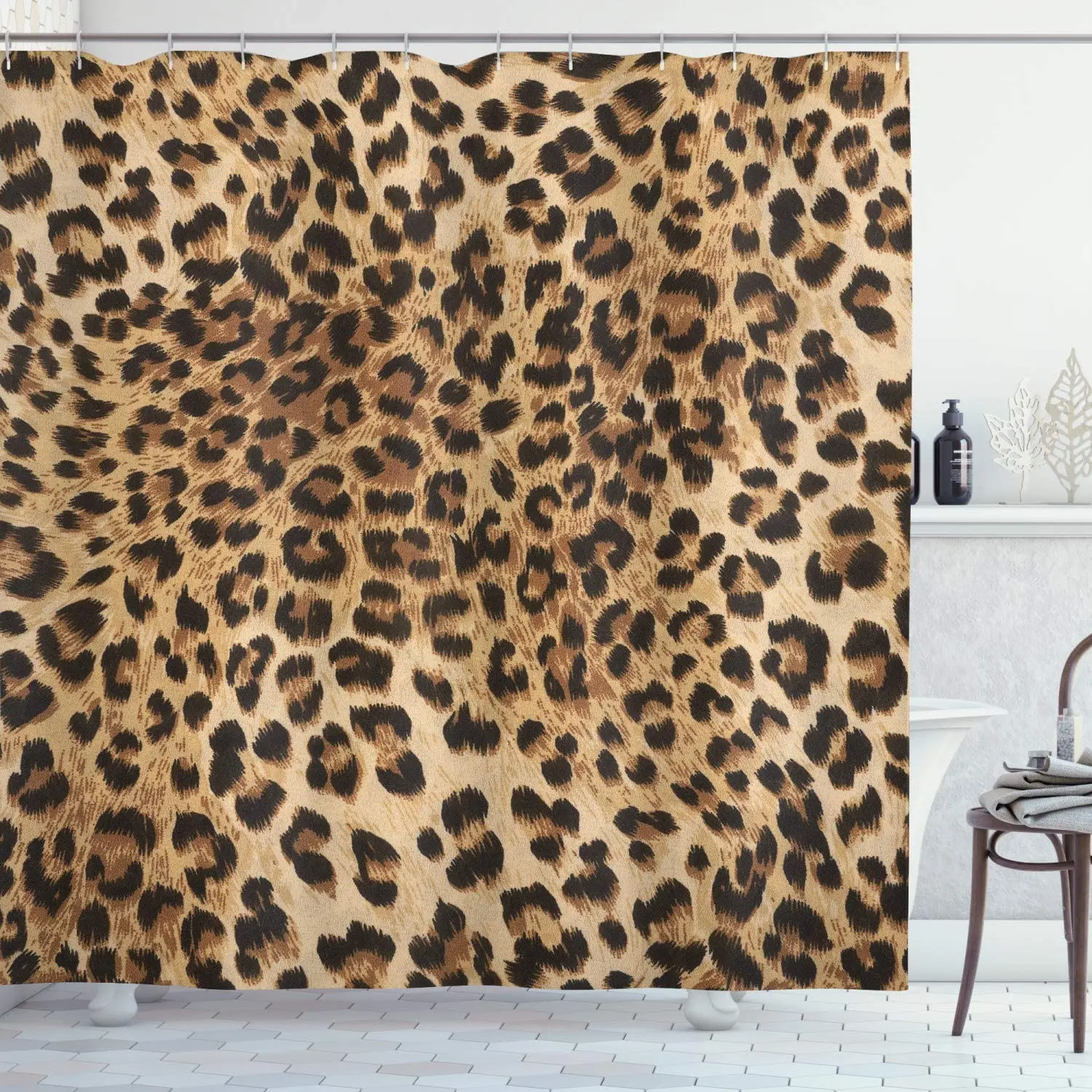 

Leopard Print Shower Curtain, Skin Pattern of a Wild Savannah Animal Powerful Panther Big Cat, Cloth Fabric Bathroom D