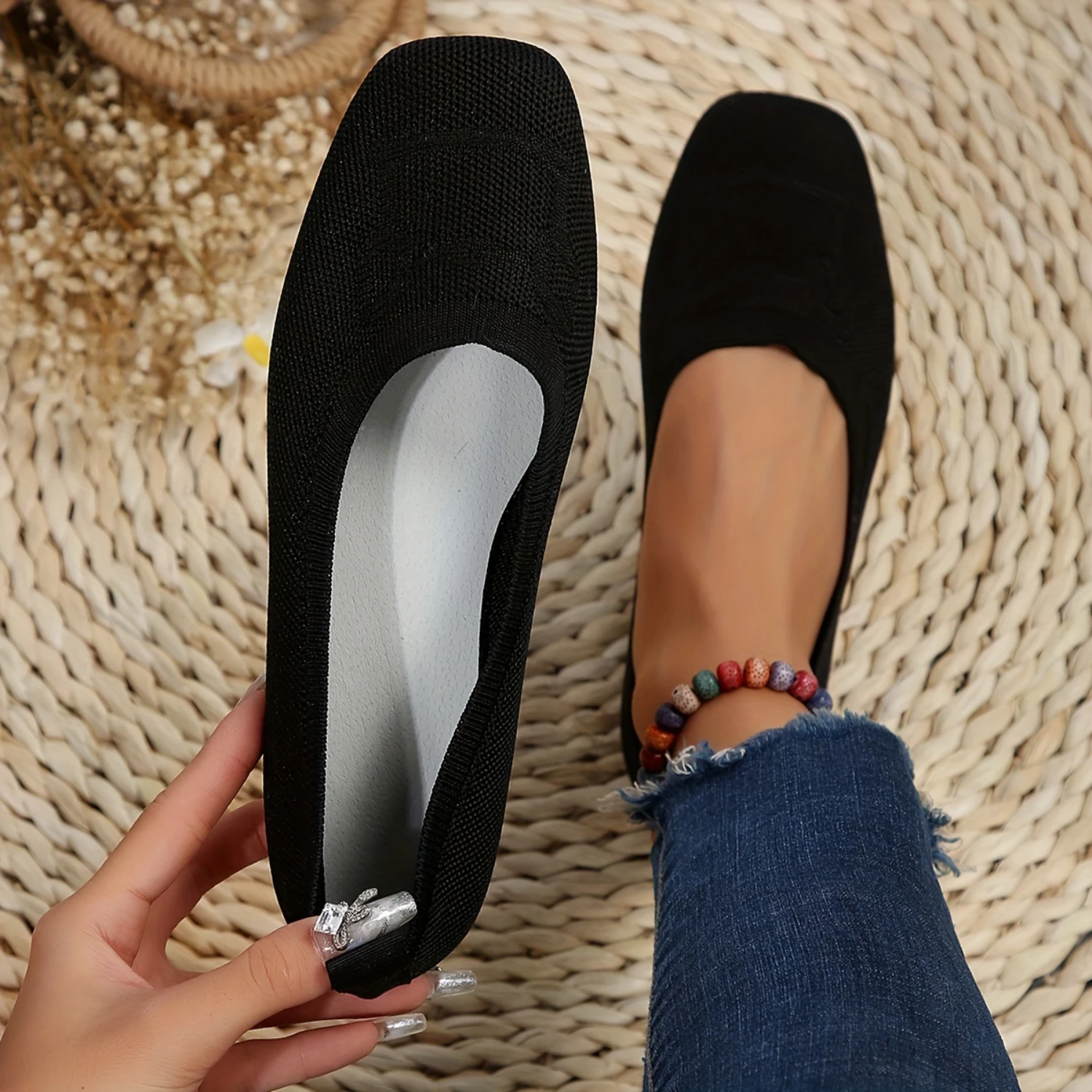 Women's Breathable Knitted Square Toe Ballet Flats with Soft Sole