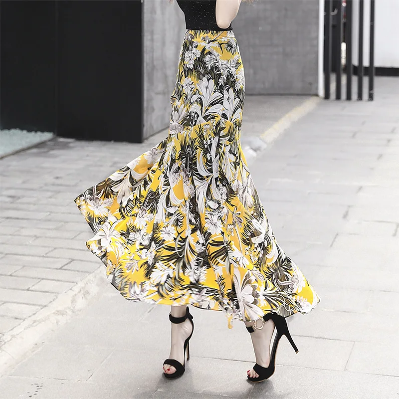 

Summer Flower-printed Chiffon Mermaid Skirts for Woman Ankle-length Trumpet Fishtail Skirt Elastic Waist Plus Size 8-5