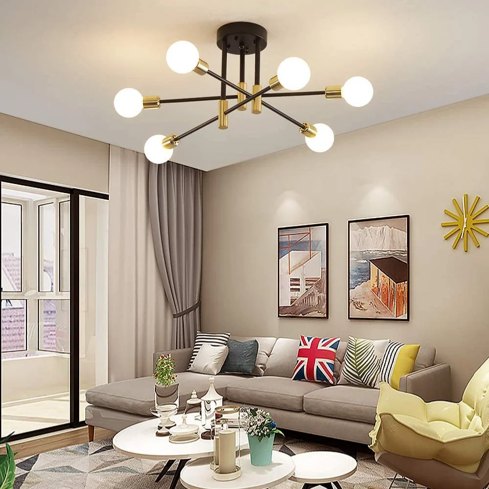 Sputnik Chandelier Nordic Semi Flush Mount Ceiling Lamp Brushed Antique Gold Home Decor Lighting Fixture Modern Led Chandelier Ceiling Chandelier Art Lighting Fixtures