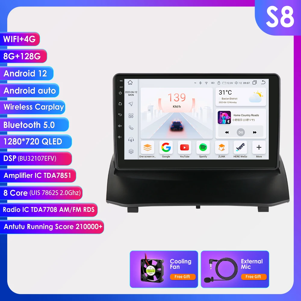 Amnax 7862 Android 12 Autoradio Per Ford Fiesta 2009 - 2014 Autoradio Stereo Lettore Video Multimediale Gps Carplay 4G Octa Core