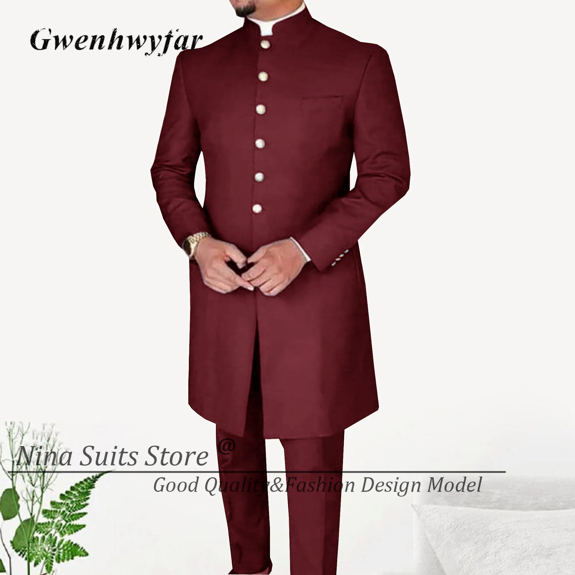 G&N New Men Suits African Long Jacket Grey Elegant Gold Buttons Groomsmen Party Man Formal Costume 2 Pieces Male Tuxedos