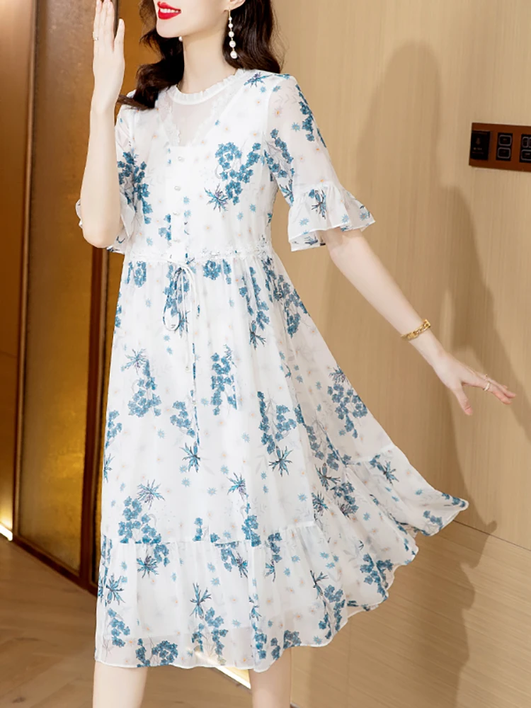 2024 Floral Silk Flare Sleeve Lace Collar Midi Dress Summer