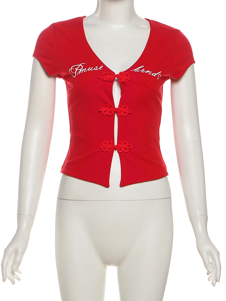 Nibber Letter Print t-Shirt Women Buckle Low-Neck Hollow Skinny Fashion Sexy High Street Hottie Classic Midnight Simple Tops