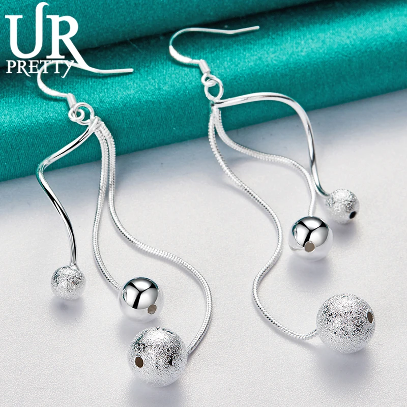 

URPRETTY 925 Sterling Silver Frosted Smooth Beads Ball Drop Earring For Women Wedding Engagement Party Jewelry Christmas Gift