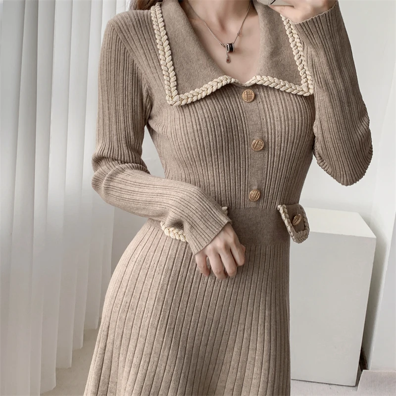 Vestidos de punto de otoño e invierno para mujer, cuello vuelto, moda coreana, corte en A, vestido liso informal, vestidos ajustados para mujer, nuevo