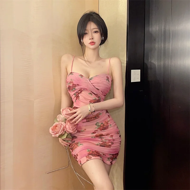 

3824 pure desire mesh slip dress summer slim waist skirt print skinny hot girl sexy hip wrap skirt