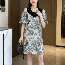 Elegant Vintage Off - Shoulder Spliced A - Line Midi Dress - 3XL(65 - 70kg) (Ink Painting)