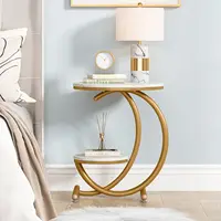 Table d'appoint, table d'appoint en faux marbre avec étagère de rangement à 2 niveaux, table d'appoint carrée moderne pour salon, chambre à coucher 6