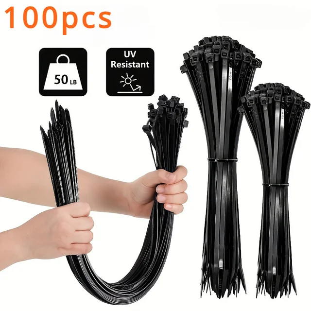 100pcs Black Cable Ties High Tensile Strength, Uv Resistant, Self-Locking For Home & Office Cord Management 1