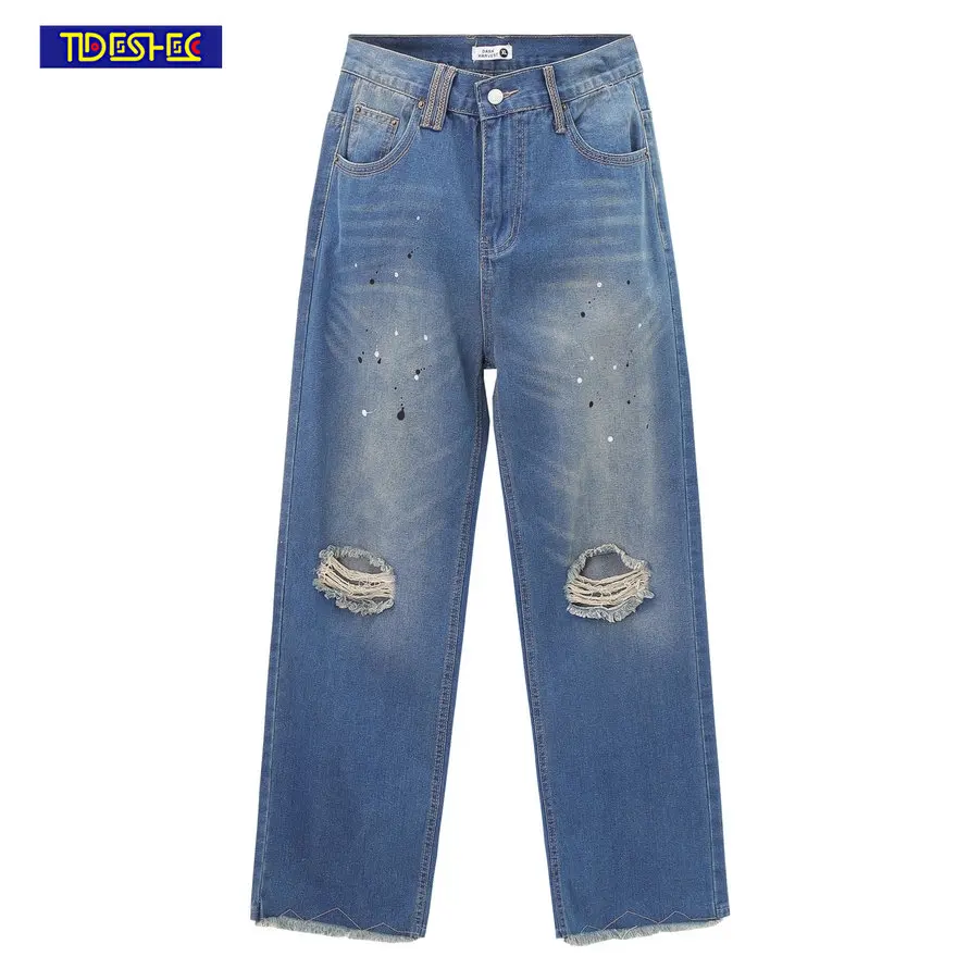 

2023 New Men's Retro Hole Jeans Fashion Washed Male Wide Leg Straight Pants Trendy High Street Long Trousers Hip Hop Loose Jeans