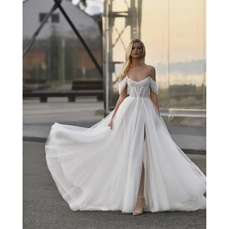 

Exquisite A Line Wedding Dresses for Bride See Thr Lantern Sleeve Bridal Dress Beaded Wedding Annversary Gowns for Women