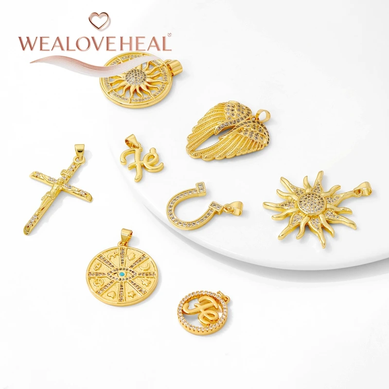 18K vergoldetes Messing Metall Zirkonia Sonne / Kreuz / Hufeisen / Chilischote / Flügel Anhänger Charms zur Schmuckherstellung – Detail 15