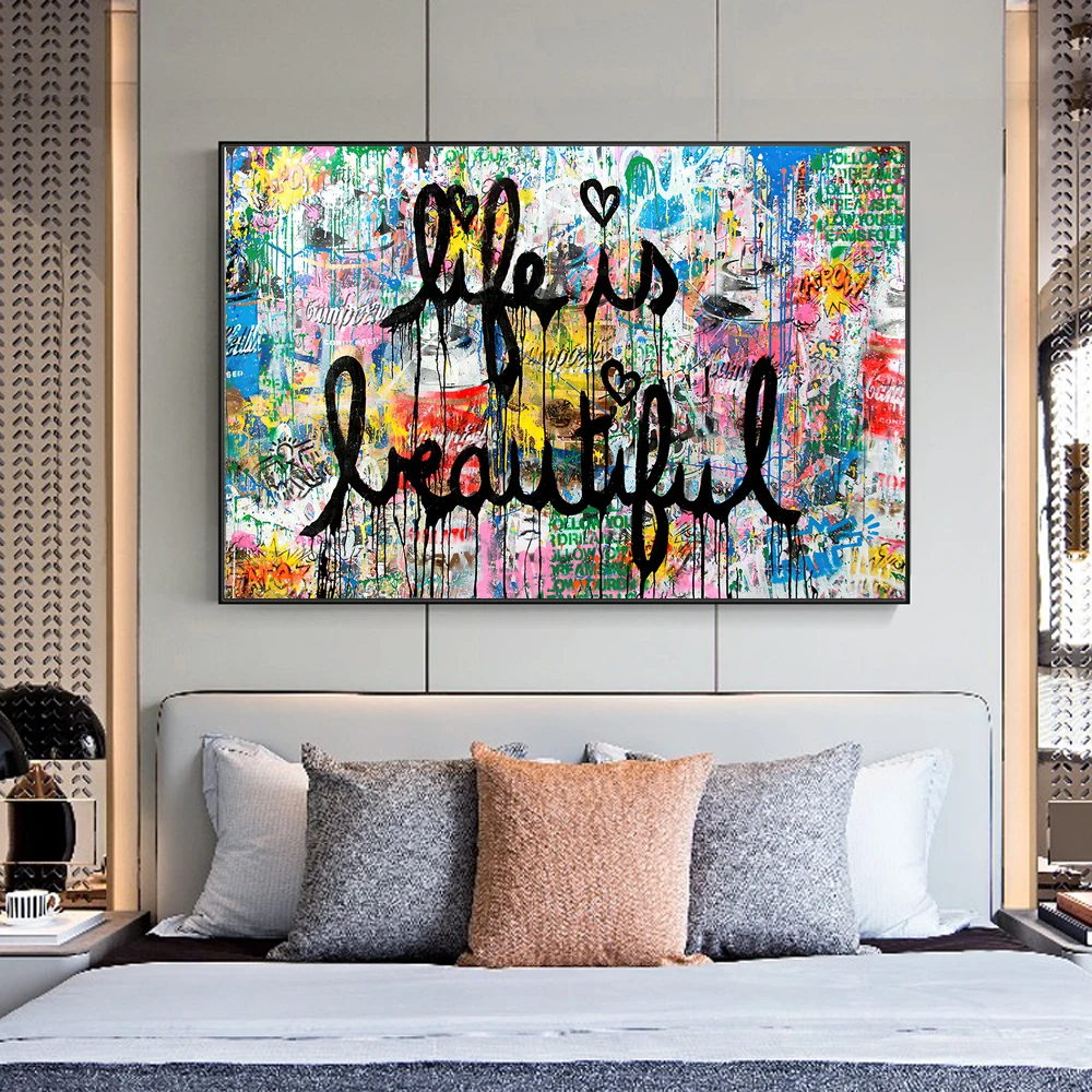 

Pop Art Poster Life Is Beautiful Canvas Picture Abstract Graffiti Paintings for Living Room Frameless Wall Loft Decor