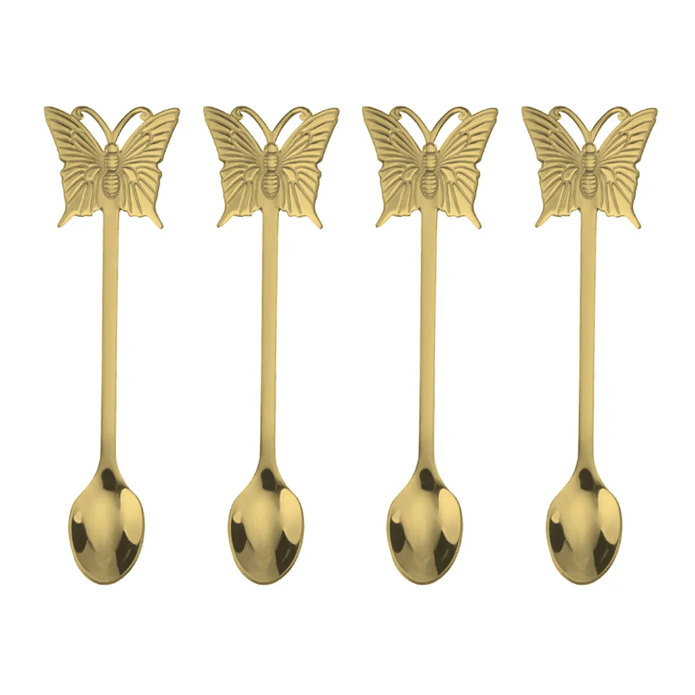 

4 Pcs Butterfly Fork Spoon Set Rest Stainless Steel Salad Dessert Long Handle Spoons Scoops
