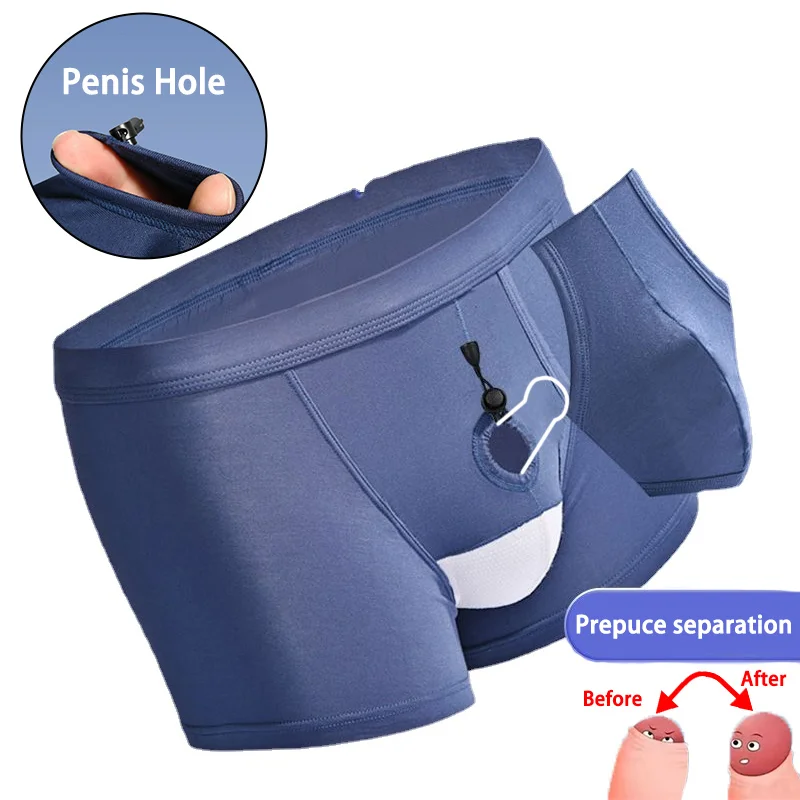 Man Front Open Hole Underwear Foreskin Long Physical Therapy Boxers Prolong Time Sexy Penis Pouch Underpant U-Convex Gay Briefs real time photo of yellow wide leg jeans for women s spring and summer long pants commuting high waisted and slimming narrow ve