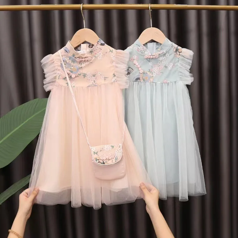 

Summer 2023 Chinese style lace cheongsam baby girl dress baby birthday pink princess party dress girl princess dress 2-7Y
