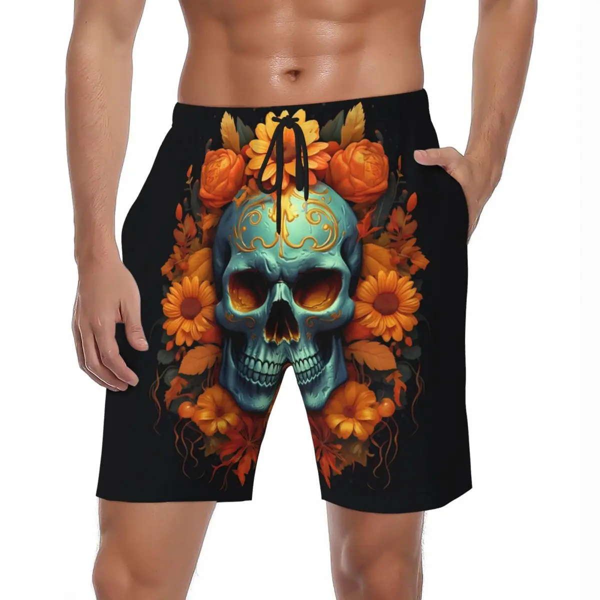 

Colorful Skull Gym Shorts Summer Calendula Flowers Running Surf Beach Short Pants Male Quick Dry Y2K Retro Plus Size Swim Trunks