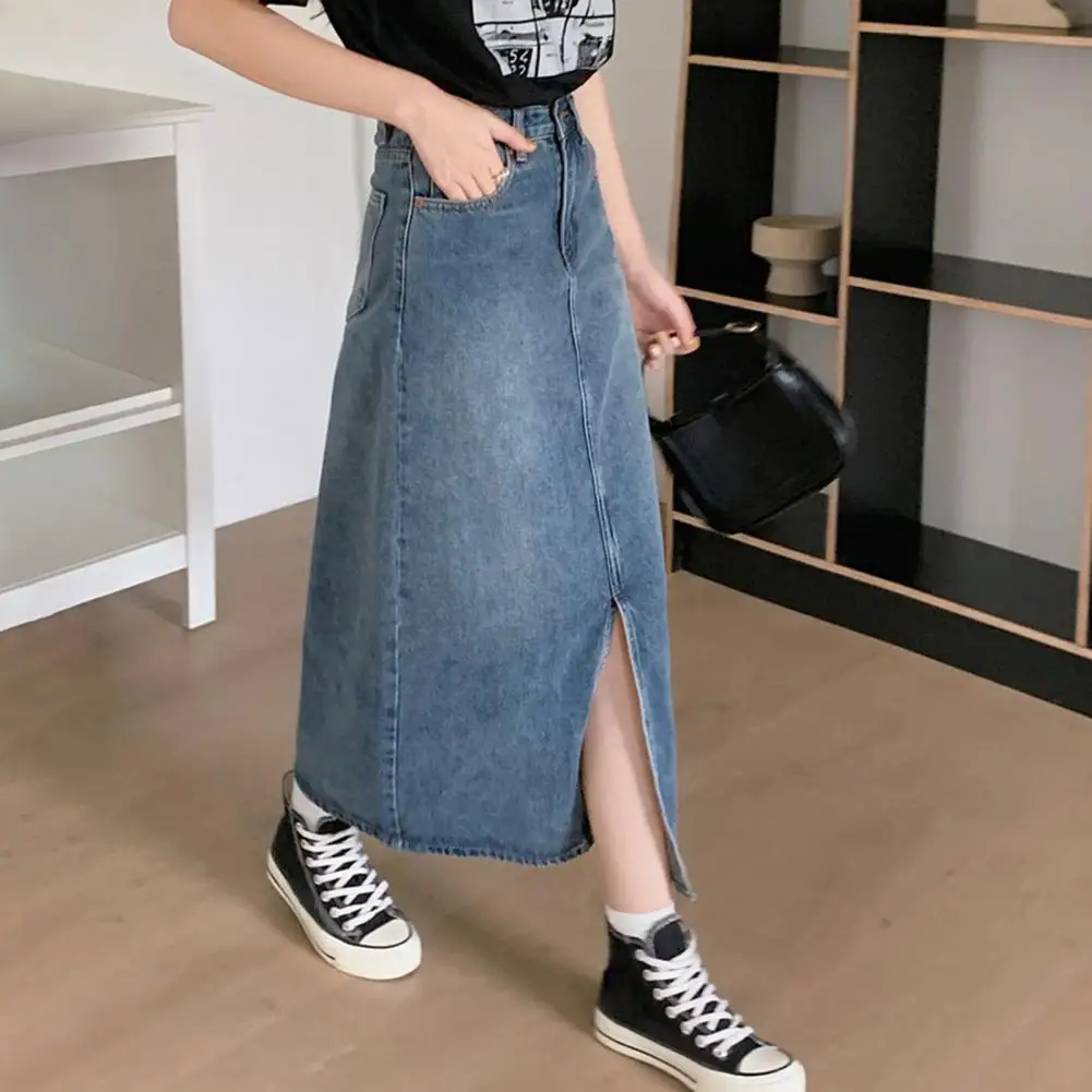 

Women Retro Midi Skirt High Waist Button-Zipper Closure Denim Skirt Multi Pockets Front Slit Design Washed Denim Skirt