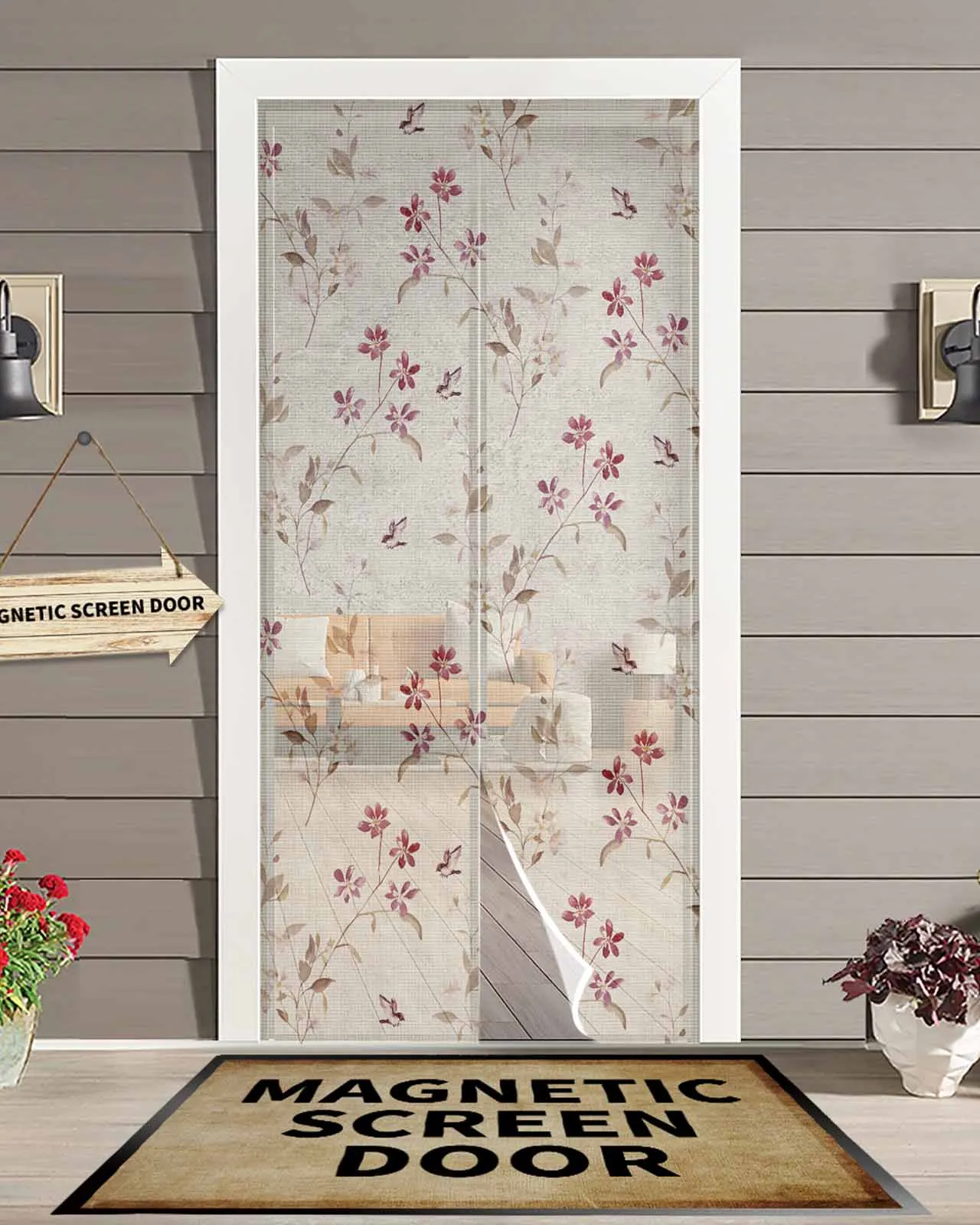 

Flowers Leaves Birds Watercolor Summer Magnetic Door Curtain Living Room Bedroom Home Anti-mosquito Screen Door Curtain