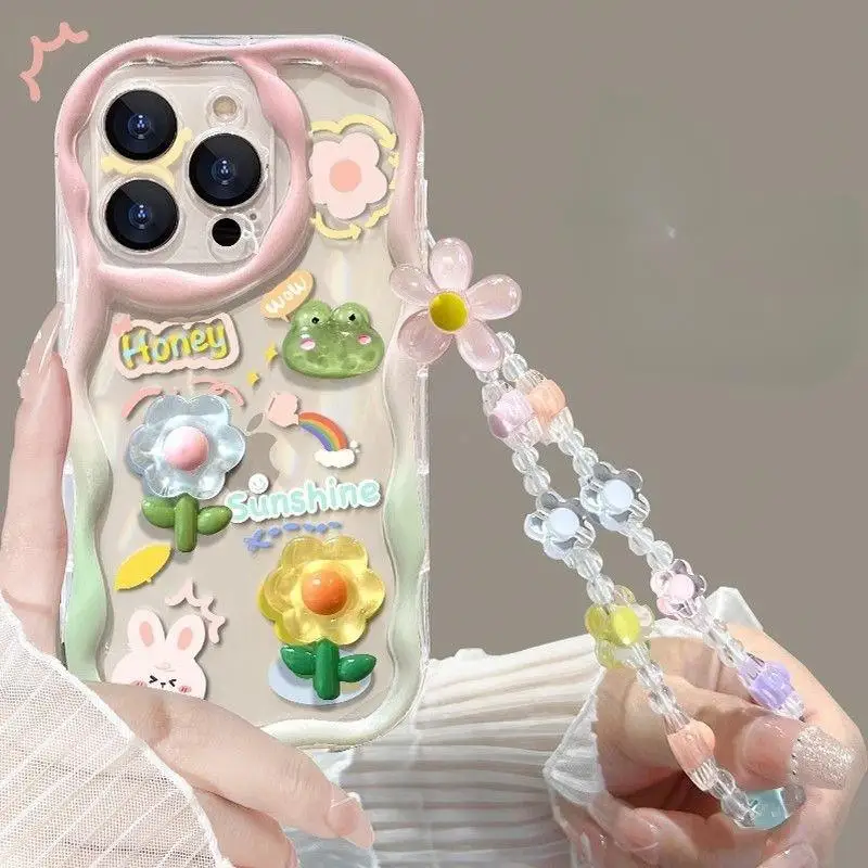 Charming 3D Pink and Blue Flower Chain Phone Case