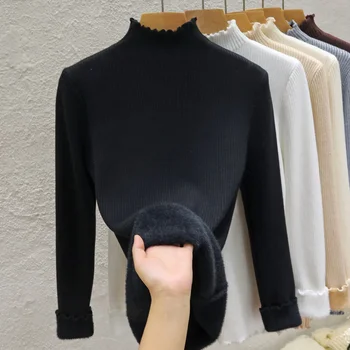 المرأة أفخم الصوف مبطن الياقة ، البلوز الناعم ، قمم محبوك عارضة ، ضئيلة ، Ruched ، بالإضافة إلى المخمل ، رشاقته ، دافئة ، الشتاء 3