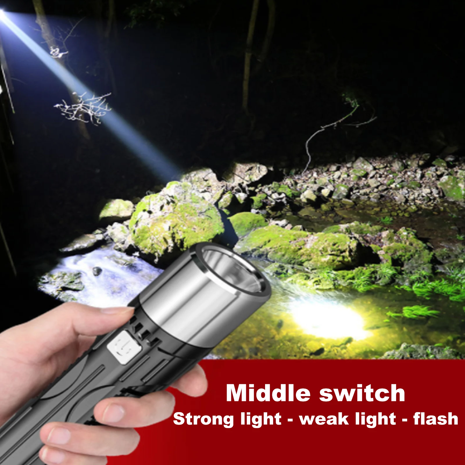 

Portable Rechargeable Zoom LED Flashlight Lithium Battery Flash Light Torch Lantern 3 Modes Camping Light Mini Led Flashlight