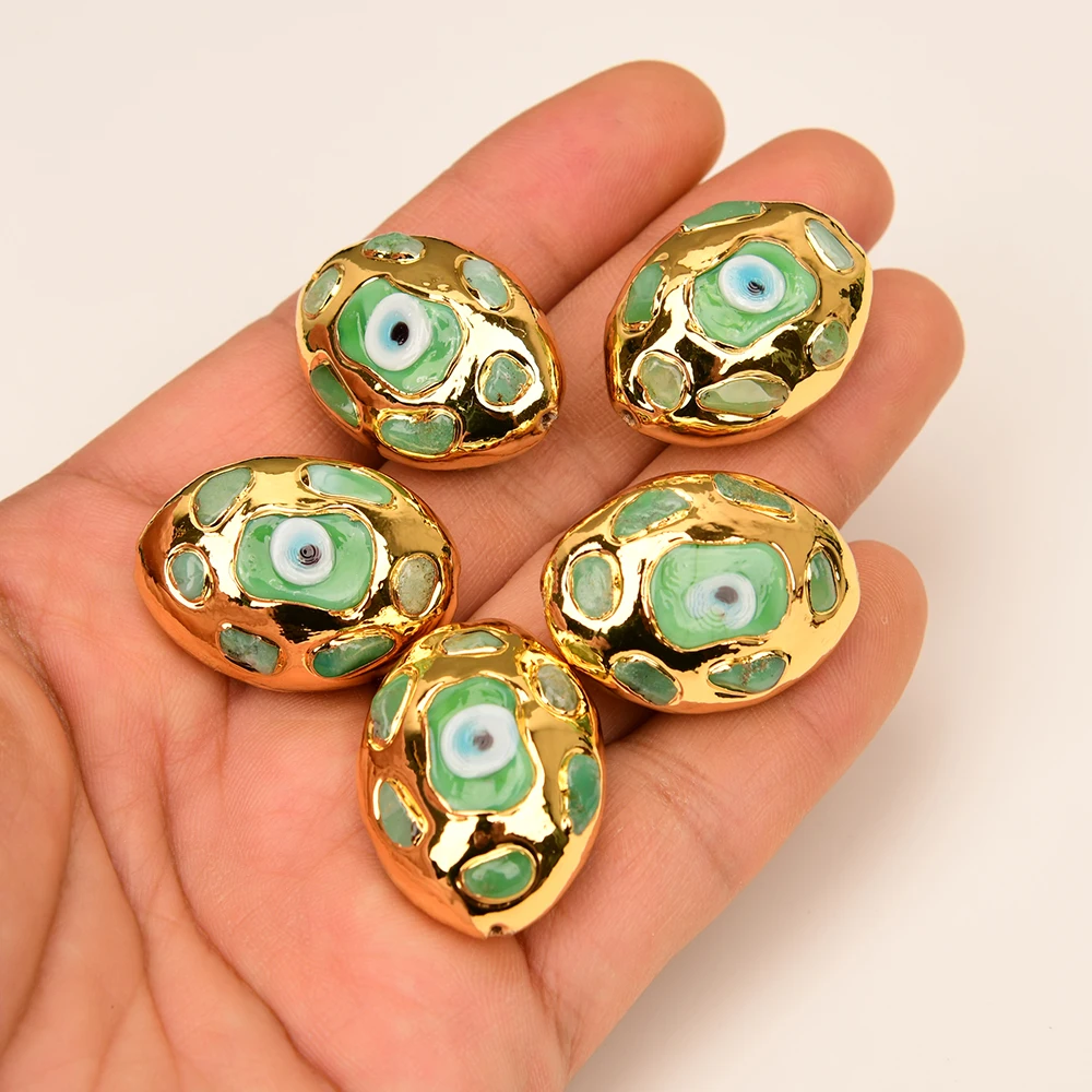 APDGG Wholesale 5 Pcs Natural Chrysoprase Oval Egg Shape Eye Beads Gold Plated For Jewelry Making DIY
