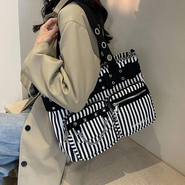 Women Rockabilly Shoulder Bag with Chain Canvas Rivet Tote Handbag