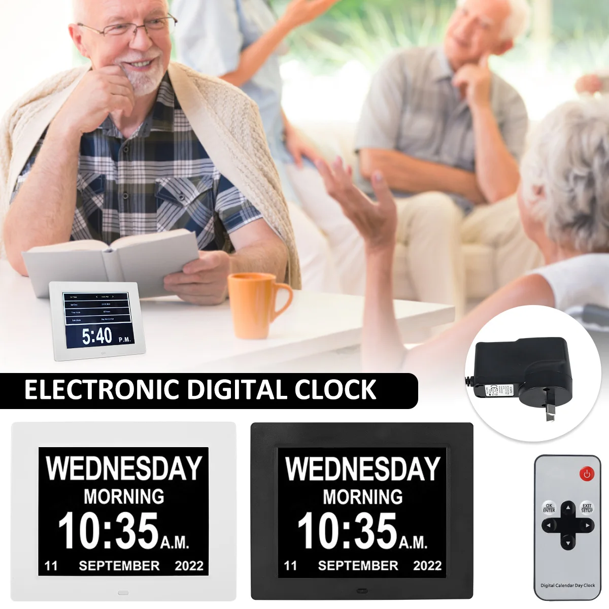 

Digital Calendar Alarm Day Clock with 8'' Large Screen Display Reusable Clear Digital Calendar Day Clock with Multiple Language