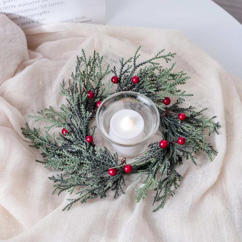 20cm Wedding Table Red Fruits Candle Ring Artificial Leaves Wreath Candle Wreaths Artificial Pine Branches Christmas Home Decor