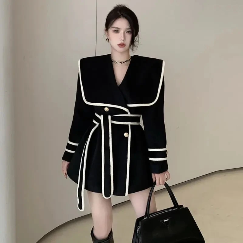 

Black Woolen Coat Women Autumn Winter Korean Fashion Thicker Warm Tunic Slim Trench Coat Temperament Navy Collar Jacket Female