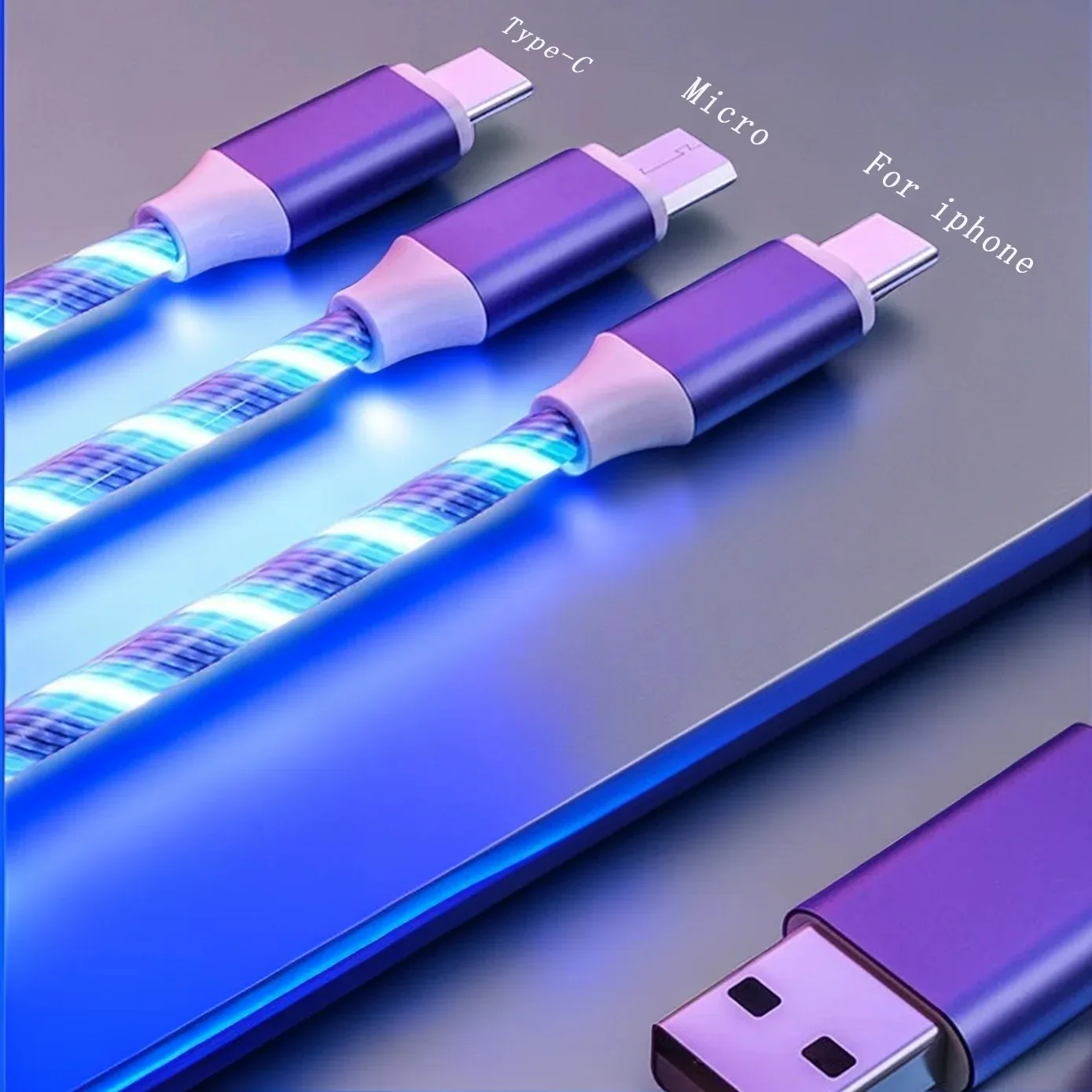 Chargeur de téléphone lumineux LED 3 en 1, câble USB Type C pour Xiaomi, iphone, Samsung, accessoires de téléphone, cordon de Charge