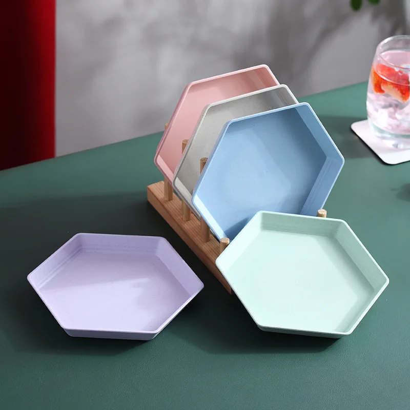 1PC Hexagon Dessert Plates Wheat Straw Thicken Snacks Trays Fruit Plate Dishes Multifunctional Tableware Party Kitchen Accessory 4