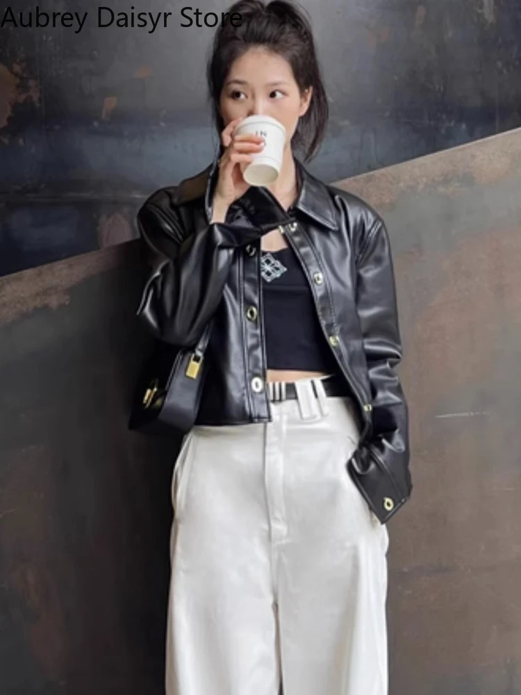 Korean Black Cropped Leather Jacket Women Streetwear Moto Biker Leather Jacket Winter High Street Punk Thin Blazer Leather Coat