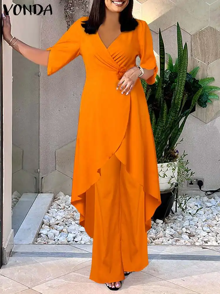 VONDA Elegant Women Pant Sets 2024 Summer Long Sleeve Ruffled Long Tops and High Waist Wide Leg Pants Casual 2pcs Solid Suits