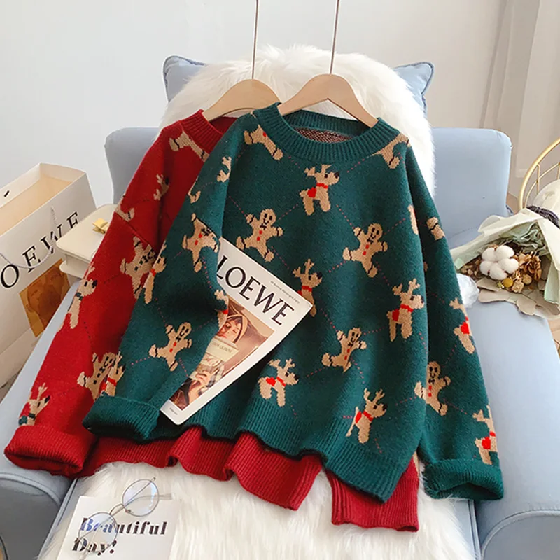 

Red Christmas Snowman Dog Print Sweaters Kawaii Cute O Neck Knitted Pullover Top 2021 New Year Winter Female Jumper J030