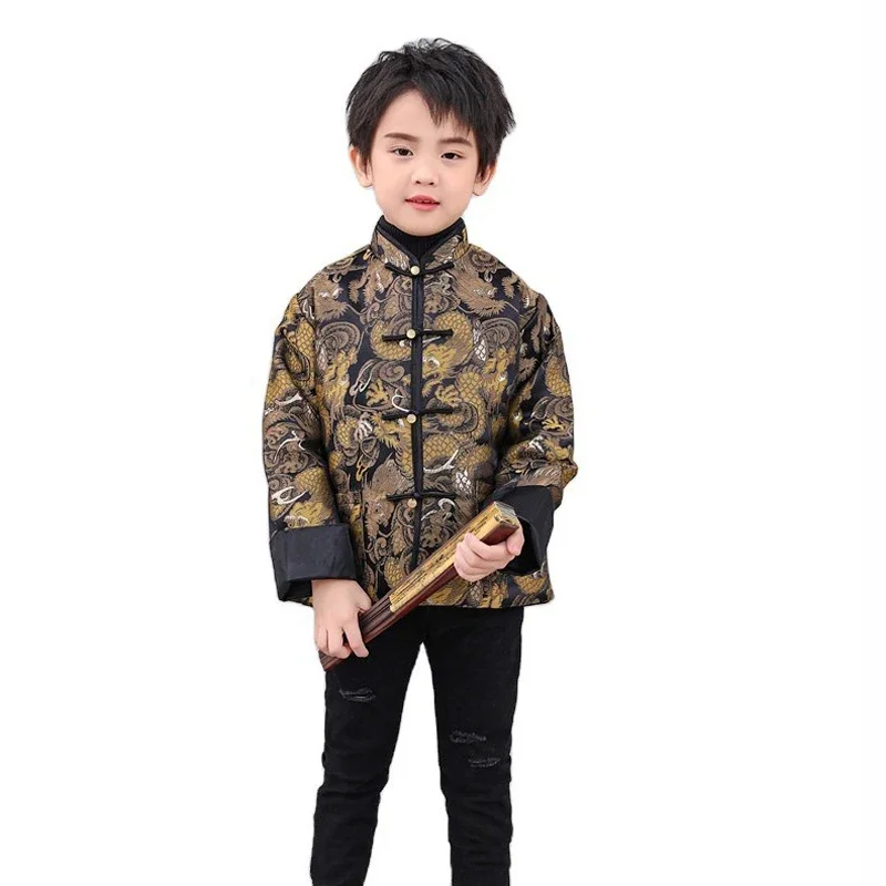 Boys Kids Chinese Tang Suit Jacket Traditional Costume Dragon Print Coat New Year Christmas Winter Outfit