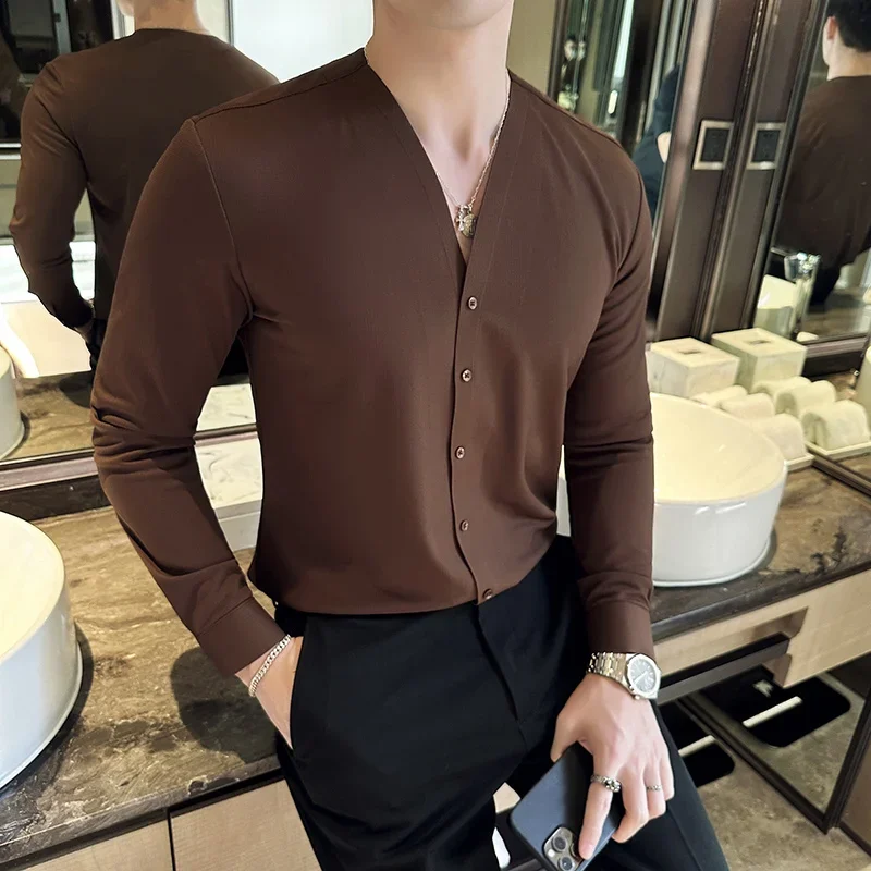 

Men V-neck Long Sleeve Shirt New British Style Solid Casual Slim Fit Camisas Blusas Formal Dress Shirts Homme Men Clothing