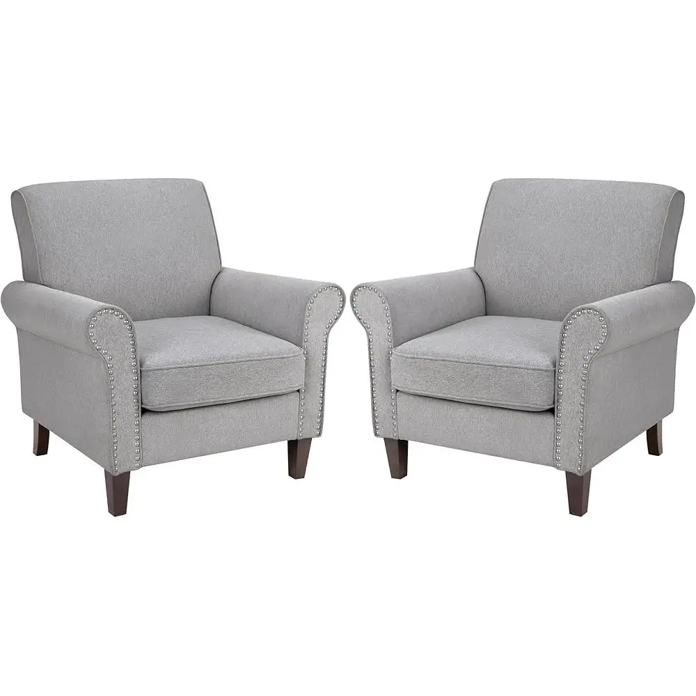 Comfy Accent Chair Set of 2 Mid Century Modern Fabric Living Room Chair Ergonomic Armchair with Soft Cushion Nailhead Trim 2