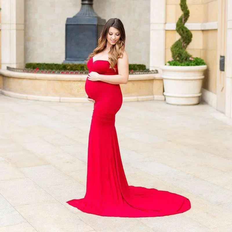 

Shoulderless Fishtail Maternity Dresses For Photo Shoot Pregnancy Dresses Tailed Maternity Photography Props For Pregnant Women