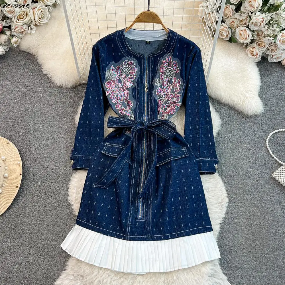 

Retro Fake Two Piece Denim Dress for Women Casual Long Sleeve Jacquard Beaded Loose Knee-length Dress