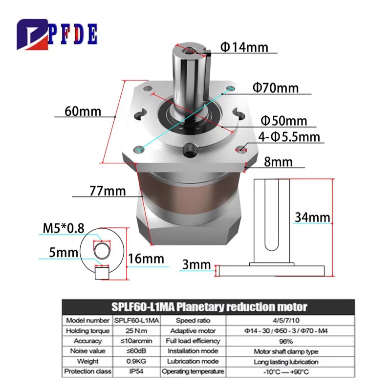 Planetary Reducer Gearbox SPLF60 Suitable For 60 Servo Motor 200w 400w 600w Gear Ratio 4/5/7/10 Max 25N.m &le;10 arcmin input 14mm
