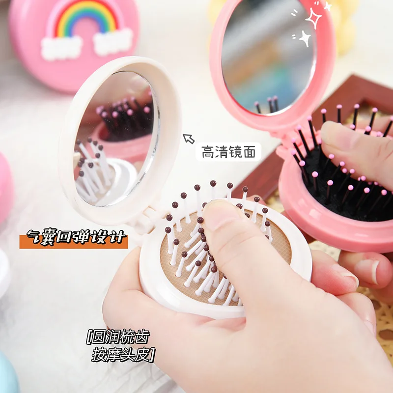 Cute Cartoon Macaron Folding Hair Comb Portable Folding Comb Kawaii 2 in 1 Folding Comb with Small Mirror Baby Makeup Supplies