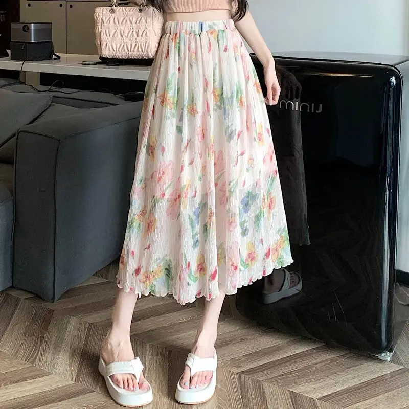 Fairy Broken Flowers A-Line Skirts Summer High Waist Elastic Women's Clothing Folds Stylish Split Drawstring Bow Midi Skirts New