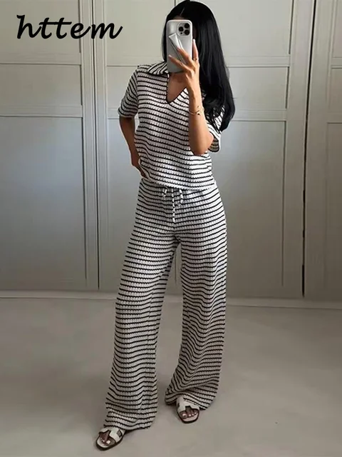 Casual Women's Knit Striped Pullover Pants Set Loose Polo Collar Short Sleeve T-shirt Drawstring Wide Leg Pant 2025 Lady Outfit 3 Casual Women's Knit Striped Pullover Pants Set Loose Polo Collar Short Sleeve T-shirt Drawstring Wide Leg Pant 2025 Lady Outfit 3